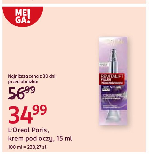 Krem pod oczy L'oreal revitalift filler [kwas hialuronowy] promocja