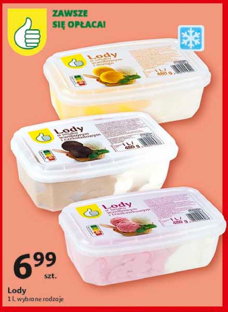 Lody o smaku waniliowym i truskawkowym Podniesiony kciuk promocja w Auchan