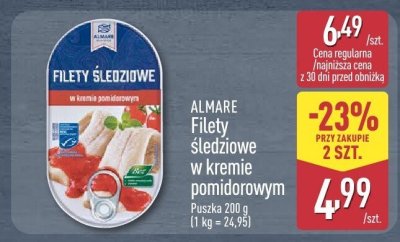 Filety śledziowe w kremie pomidorowym Almare Puszka 200 g (1 kg = 24,95) promocja w Aldi