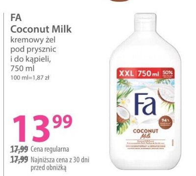 Żel pod prysznic FA Coconut Milk promocja w Hebe