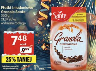 Płatki śniadaniowe Granola Sante czekoladowa promocja w Delikatesy Centrum