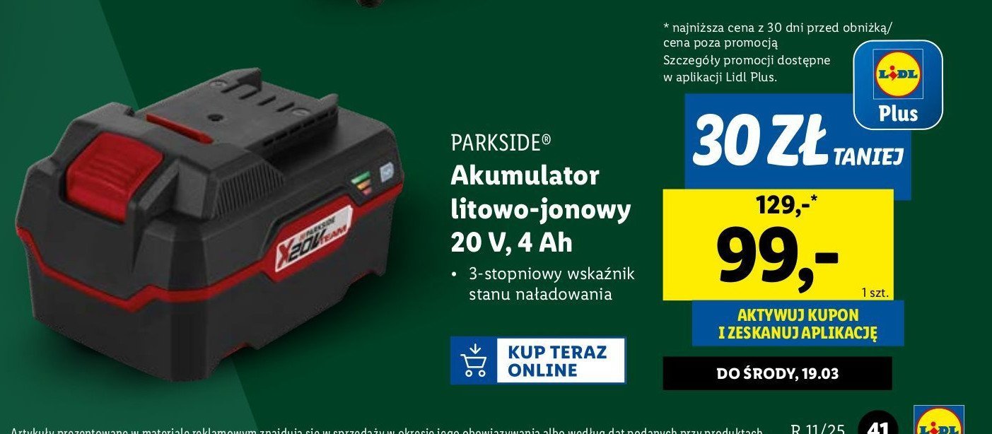 Akumulator litowo-jonowy 20v Parkside promocja w Lidl