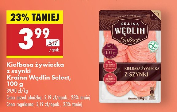 Kiełbasa żywiecka z szynki Kraina wędlin select promocja