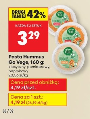 Pasta hummus Go Vege, 160 g: klasyczny, pomidorowy, kolendrowy promocja w Biedronka