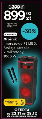 Głośnik imprezowy PS1.1BD, funkcja karaoke, 2 mikrofony, 1000 W promocja w Biedronka