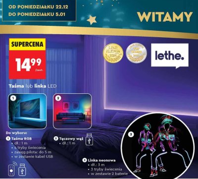 Linka LED lethe - Linka neonowa, dł.: 3 m, 3 tryby świecenia, w zestawie 2 baterie promocja w Biedronka