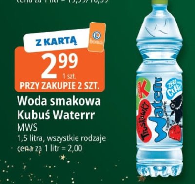 Woda smakowa Kubuś Waterrr MWS 1,5 litra promocja w Leclerc