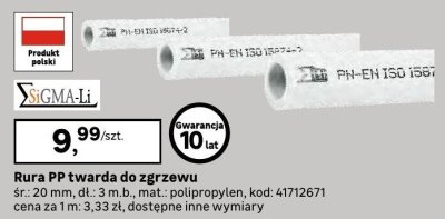 Rura PP twarda do ogrzewu śr. 20 mm, dł. 3 m b. mat., polipropylen promocja w Leroy Merlin