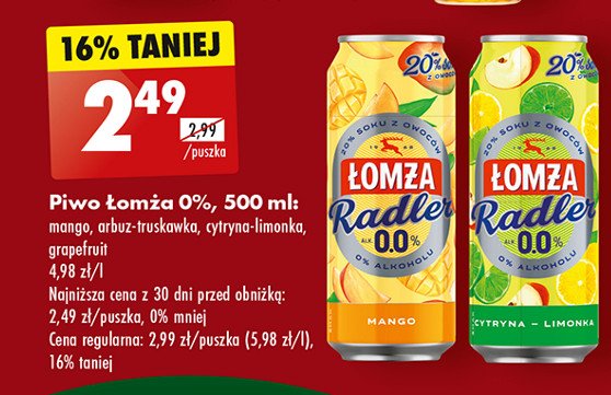 Piwo ŁOMŻA RADLER 0.0% ARBUZ I TRUSKAWKA promocja
