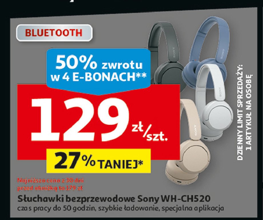 Słuchawki wh-ch520 białe Sony promocja w Auchan