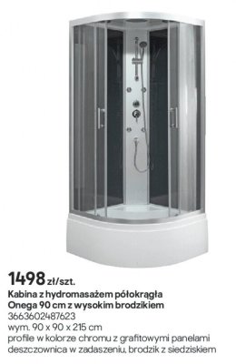 Kabina prysznicowa z hydromasażem półokrągła Onega 90 cm z wysokim brodzikiem promocja w Castorama