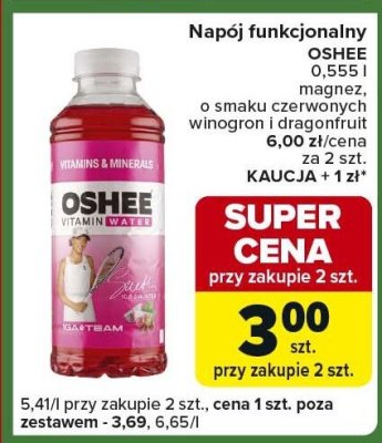 Napój funkcjonalny Oshee 0,555l różne rodzaje o smaku czerwonych winogron i dragonfruit promocja w Carrefour Express