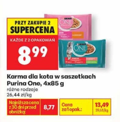 Karma dla kota w saszetkach Purina One, 4x85 g promocja w Biedronka