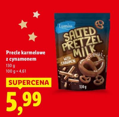 Precle karmelowe z cynamonem Lumiss Salted Pretzel Mini promocja w Lidl