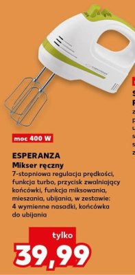 Mikser ręczny 7-stopniowa regulacja prędkości, funkcja turbo, przycisk zwalniający końcówki, funkcja miksowania, mieszania, ubijania, w zestawie: 4 wymienne nasadki, końcówka do ubijania promocja w Kaufland