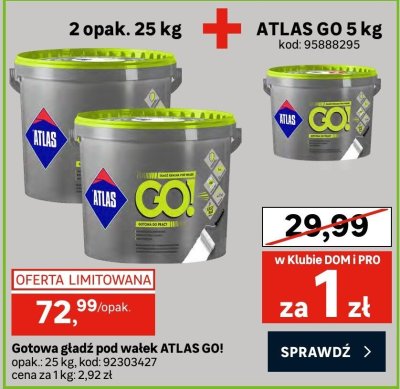 Gotowa gładź pod wałek ATLAS GO! 2 opak. 25 kg + ATLAS GO 5 kg promocja w Leroy Merlin