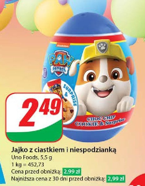 Jajko z niespodzianką i ciastkiem psi patrol Uno foods promocja w Dino