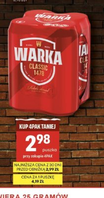 Piwo Warka Jasne Pełne 4x0,5l puszka promocja w Delikatesy Centrum
