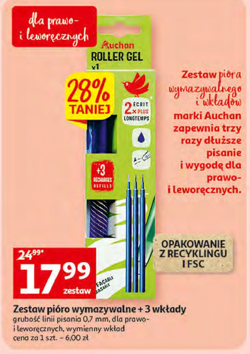 D艂ugopis wymazywalny niebieski + 3 wk艂ady Auchan promocja