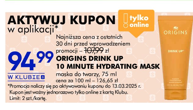 Maska do twarzy ORIGINS DRINK UP promocja