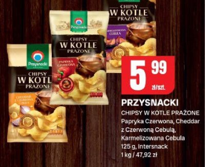 Chipsy Przysnacki w Kotle Prażone Papryka Czerwona, Cheddar z Czerwoną Cebulą, Karmelizowana Cebula Intersnack promocja w Chorten