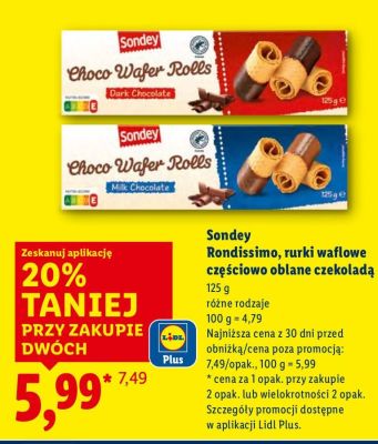 Rurki waflowe Sondey Rondissimo częściowo oblane czekoladą promocja w Lidl