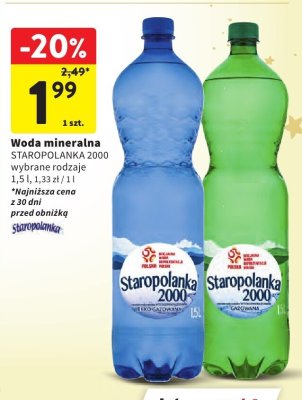 Woda mineralna Staropolanka 2000 wybrane rodzaje 1,5 l promocja w Intermarche