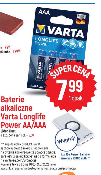 Baterie aaa Varta longlife power promocja