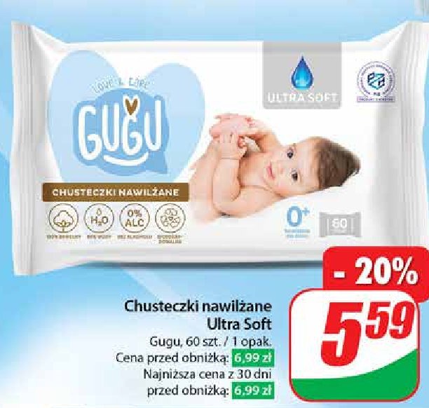 Chusteczki nawilżane ultra soft Gugu love & care promocja w Rossmann