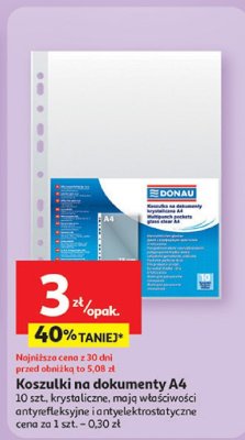 Koszulki na dokumenty A4 krystaliczne, mają właściwości antyrefleksyjne i antyel Donau promocja w Auchan