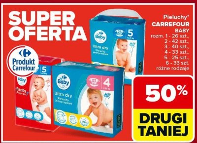 Pieluchy CARREFOUR BABY rozm. 1 - 26 szt., 2 - 42 szt., 3 - 40 szt., 4 - 33 szt., 5 - 25 szt., 6 - 33 szt. różne rodzaje promocja w Carrefour
