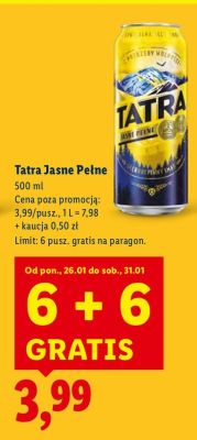 Piwo Tatra Jasne Pełne 6+6 GRATIS promocja w Lidl