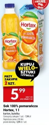 Sok 100% pomarańcza Hortex karton, butelka promocja w Twój Market