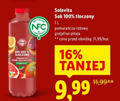 Sok Solevita Sok 100% tłoczony pomarańcza-różowy grejpfrut-pitaja promocja w Lidl