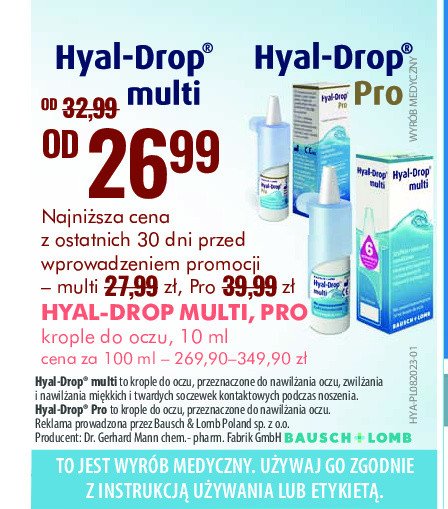 Krople do nawilżania oczu oraz soczewek kontaktowych Hyal-drop pro promocja