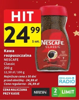 Kawa rozpuszczalna NESCAFE Classic, 200 g, 12,50 zł / 100 g promocja w Intermarche