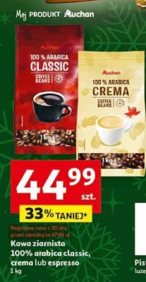 Kawa ziarnista 100% arabica classic, crema lub espresso Auchan 1kg promocja w Auchan