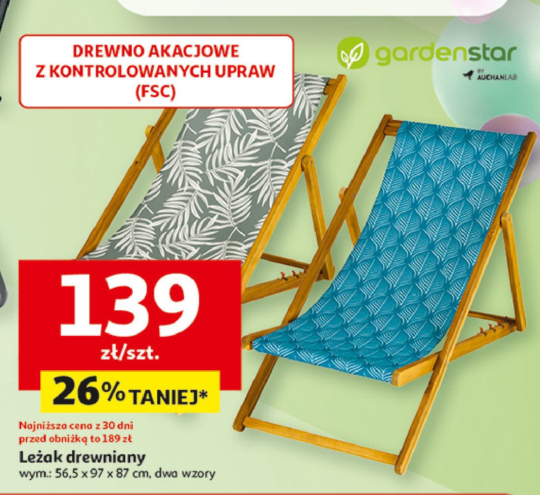 Leżak drewniany 56.5 x 97 x 87 cm Garden star promocja w Auchan