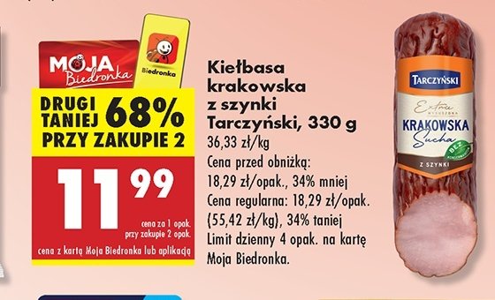 Kiełbasa krakowska sucha z szynki Tarczyński promocja w Biedronka