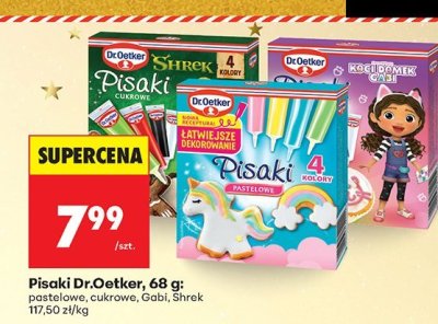 Pisaki Dr.Oetker, 68 g: pastelowe, cukrowe, Gabi, Shrek promocja w Biedronka
