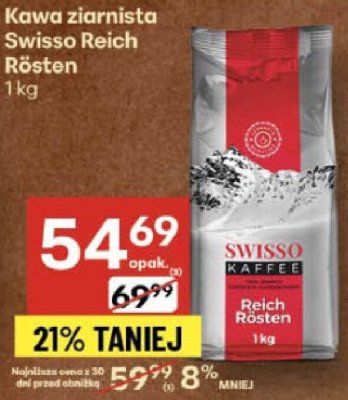 Kawa ziarnista Swisso Reich Rösten 1 kg promocja w Delikatesy Centrum