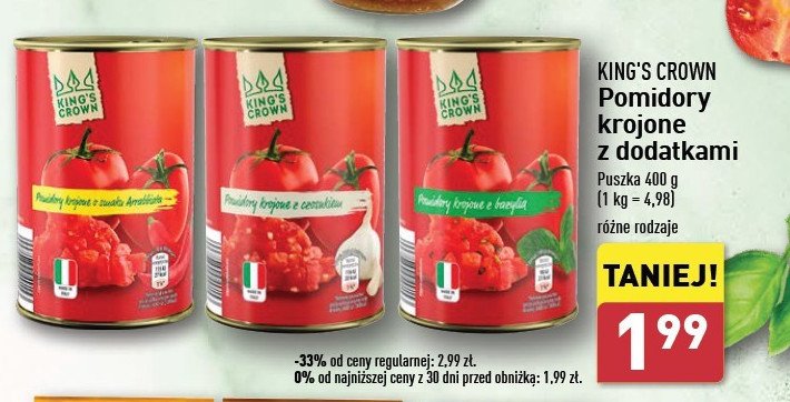 Pomidory krojone arrabbiata z bazylią King's crown (aldi) promocja