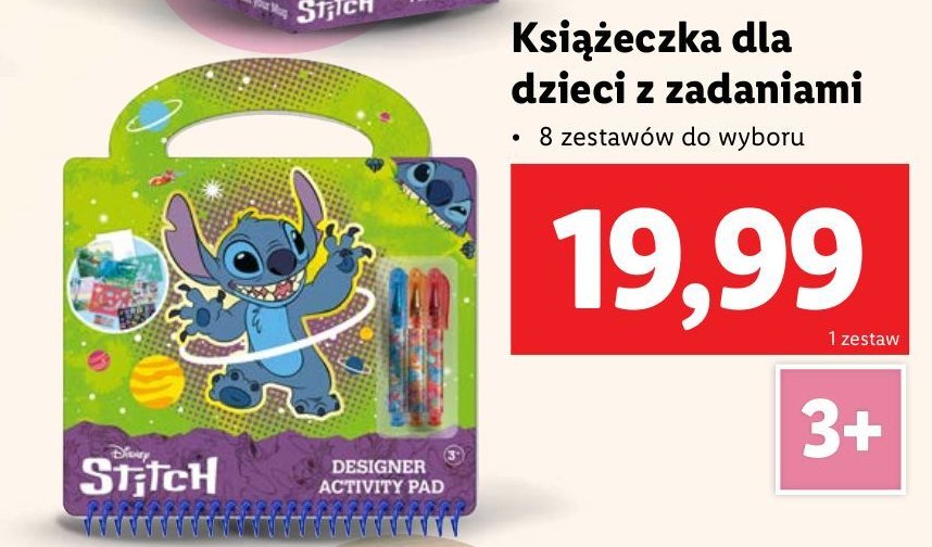 Ksiażeczka z zadaniami stitch promocja w Lidl