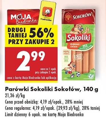 Parówki drobiowo cielęce bez glutenu i laktozy Sokołów sokoliki promocja w Biedronka