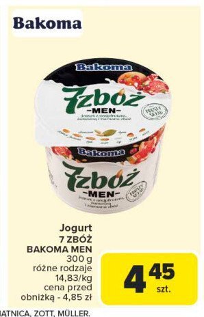 Jogurt żurawina-czerwony grejpfrut + ziarna dyni i słonecznika Bakoma 7 zbóż men promocja w Carrefour