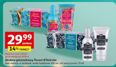 Zestaw prezentowy Tesori d'Oriente dwa rodzaje, w zestawie: woda toaletowa 100 ml i żel pod prysznic 75 ml promocja w Auchan