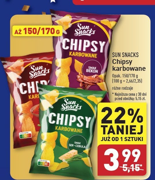 Chipsy karbowane cebula i ser SUN SNACKS promocja w Aldi