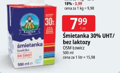 Śmietanka 30% UHT/bez laktozy OSM Łowicz promocja w Leclerc