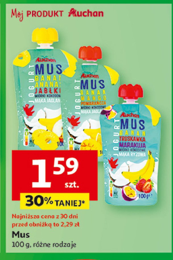 Mus banan ananas jabłko Auchan różnorodne (logo czerwone) promocja