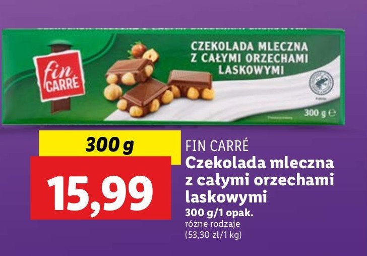 Czekolada mleczna z całymi orzechami laskowymi Fin carre promocja w Lidl